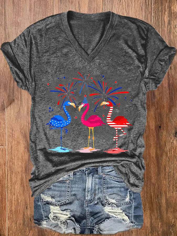 Women's Independence Day Flag Red Crowned Crane Print Casual T-Shirt