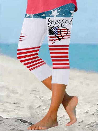 Women's Independence Day American Flag Blessed Cross Faith Print Cropped Leggings