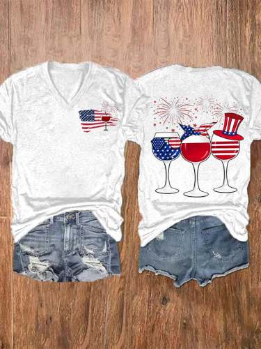 Women's American Flag Wine Glass Casual Print T-Shirt