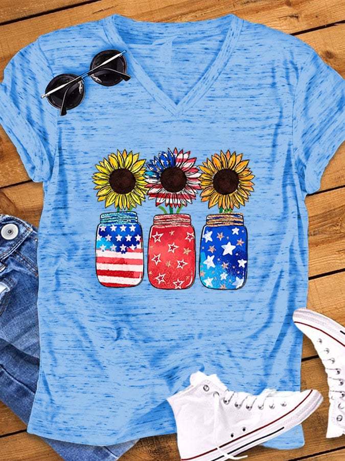 Women's 4th Of July Sunflowers Casual V-Neck Tee