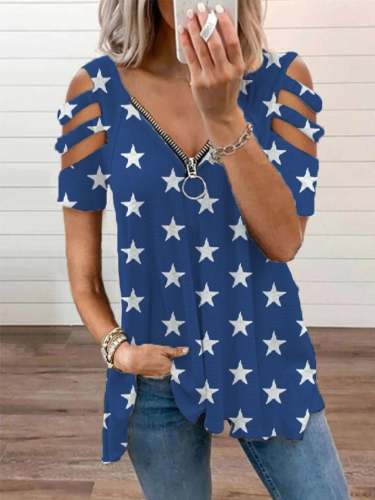 Women's Independence Day Flag Stars Print V Neck Zip Top