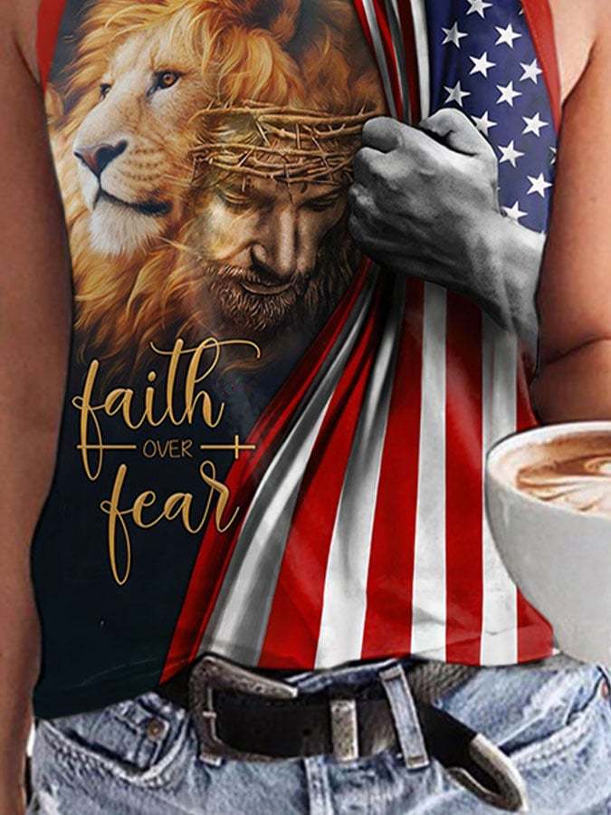 Faith Over Fear Jesus Lion Print Tank Top