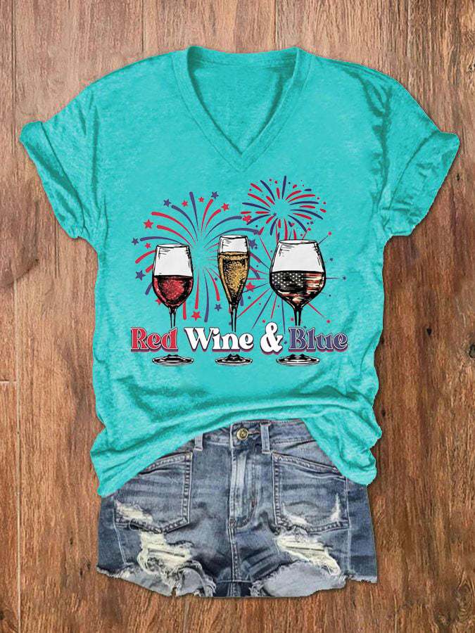 Women's Red Wine Blue 4th Of July Casual V-Neck Tee