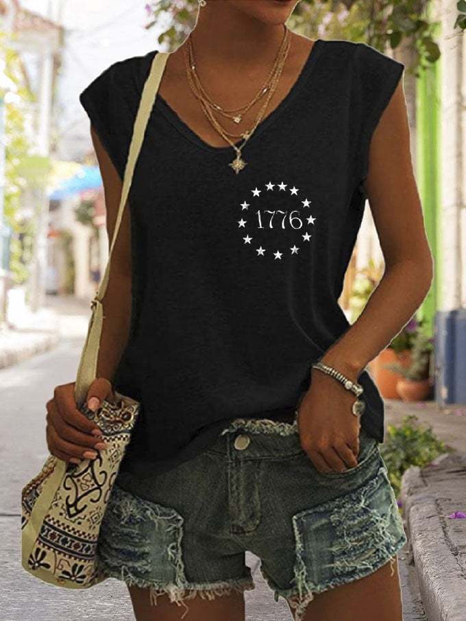 Women's Independence Day 1776 We The People Flag Print V-Neck Tank Top