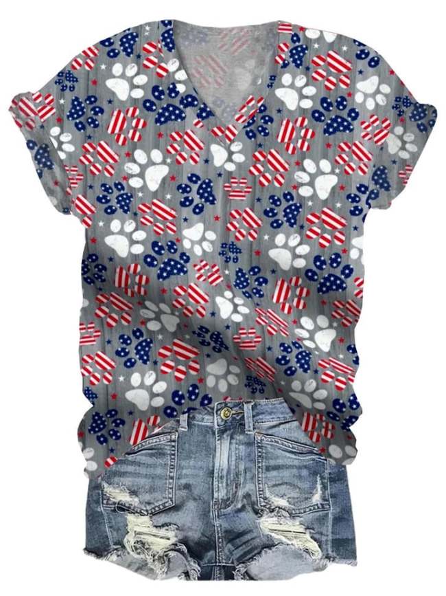 Women's Independence Day American Flag Dog ​​Paw Print T-Shirt