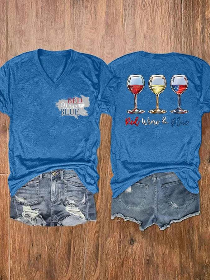 Red Wine And Blue Print Round Neck T-Shirt