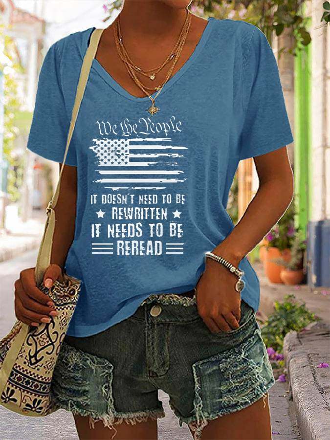 Women's Independence Day We The People America Flag Print V-Neck T-Shirt