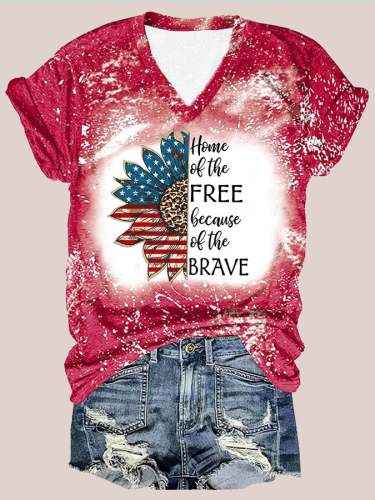 Women's Home Of The Free Because Of The Brave Sunflower Flag Print V-Neck Casual T-Shirt
