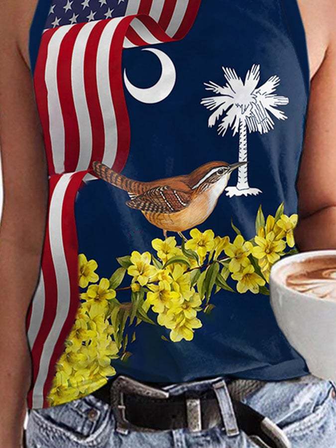 Retro South Carolina Yellow Jessamine Flower And Carolina Wren Bird Print Tank Top