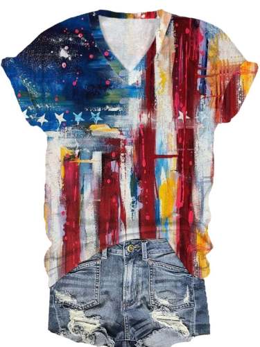 Women's Independent Oil Painting National Flag Printing V-neck Casual T-Shirt