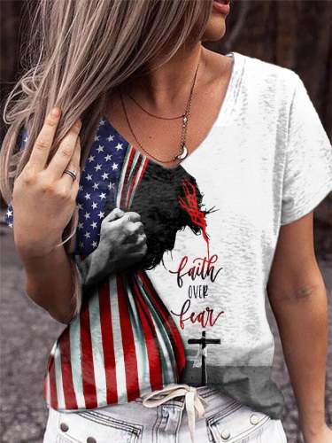 Vintage Flag Print V-Neck T-Shirt