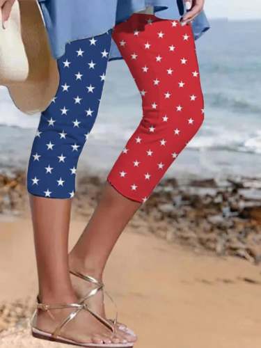 Women's 4th Of July America Flag Stars Print Cropped Leggings