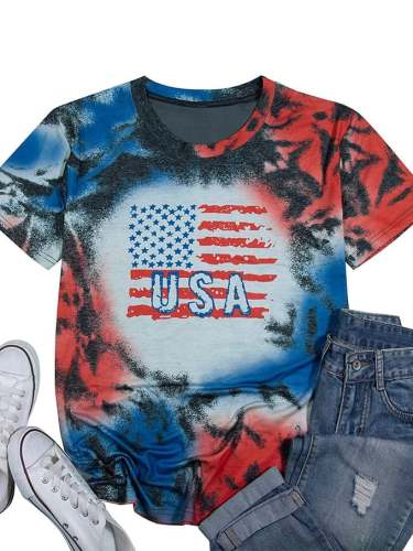 Women's Independence Day Flag Print Tie Dye T-Shirt