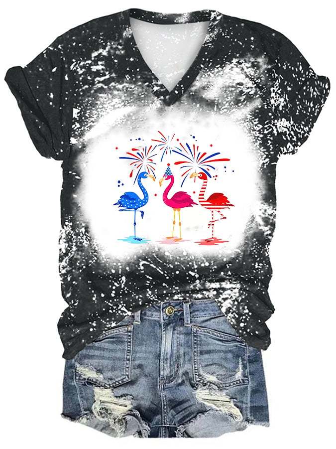 Women's Independence Day Flag Red Crowned Crane Print Casual T-shirt
