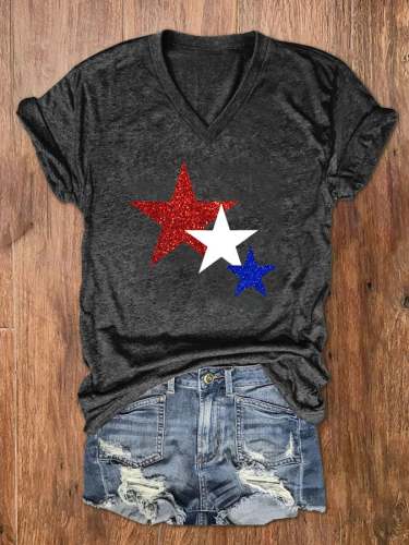 Women's 4th Of July Blue And White Star Print V-Neck T-Shirt