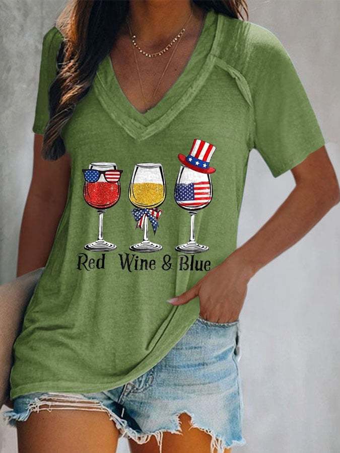 Women's Casual Wine Glass Print Short Sleeve T-Shirt