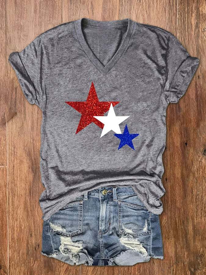 Women's 4th Of July Blue And White Star Print V-Neck T-Shirt