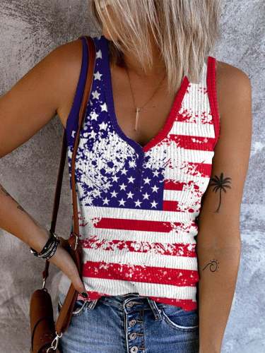 Women's Independence Day American Flag Button V Neck Vest