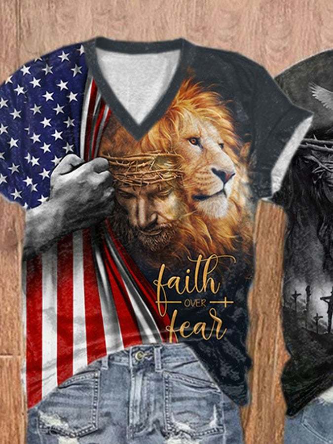 V-Neck Faith Over Fear Jesus Lion Print T-Shirt