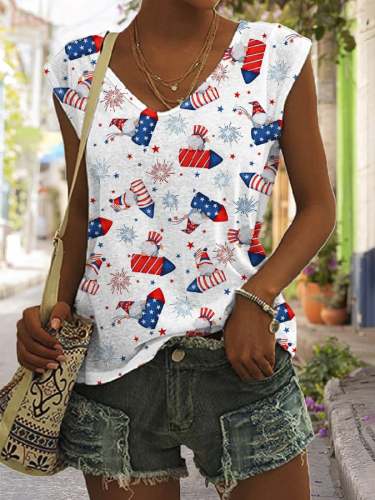 Women's 4th of July Fireworks Gnome Print Tank Top