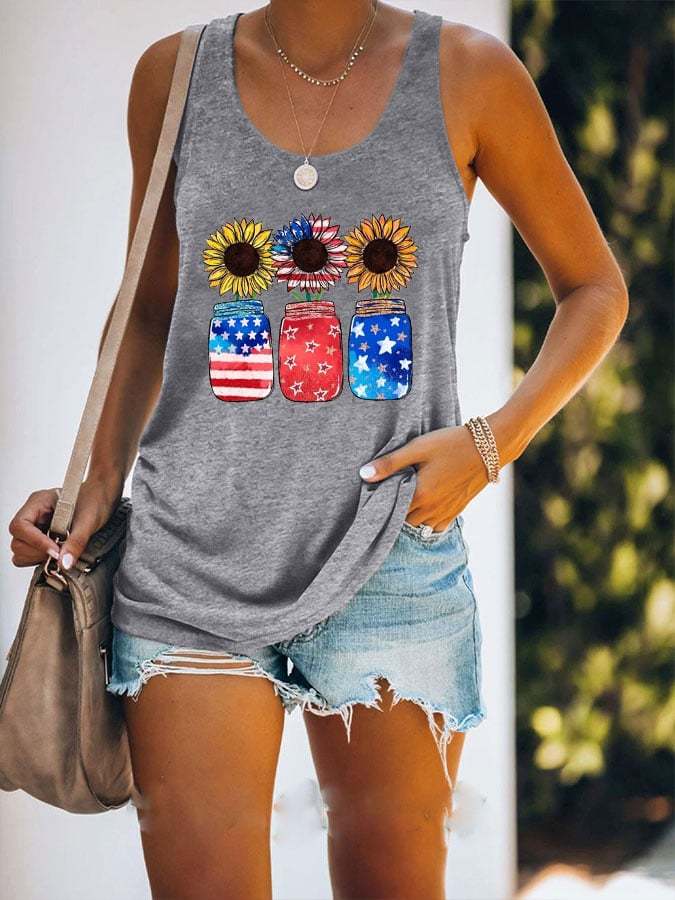 Women'S Stars and Stripes Sunflower Slogan Print Tank Top