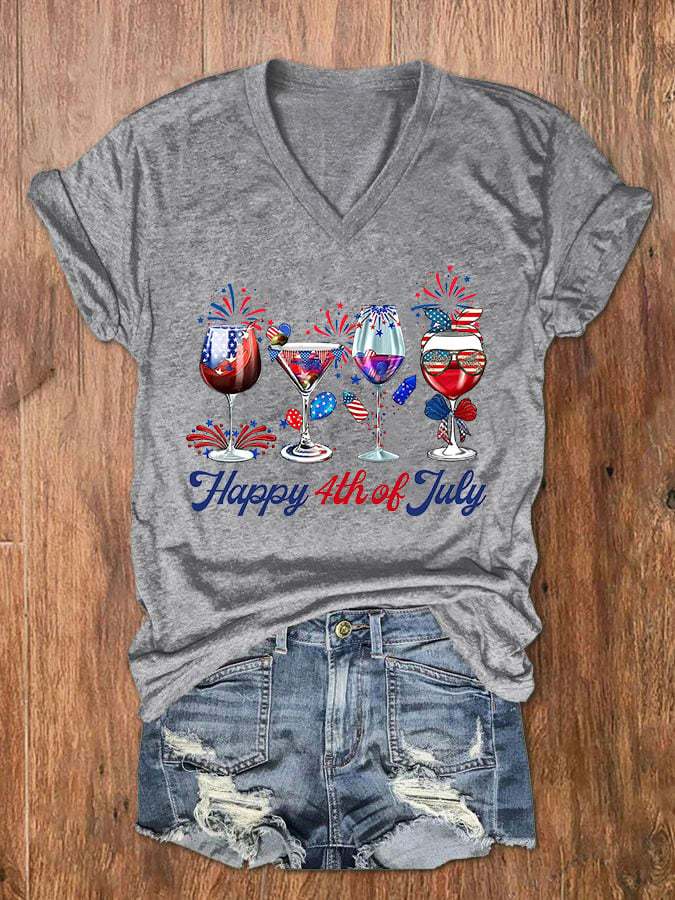 Women's Happy 4th Of July Wine Glass Flag Print V-Neck Basic T-Shirt