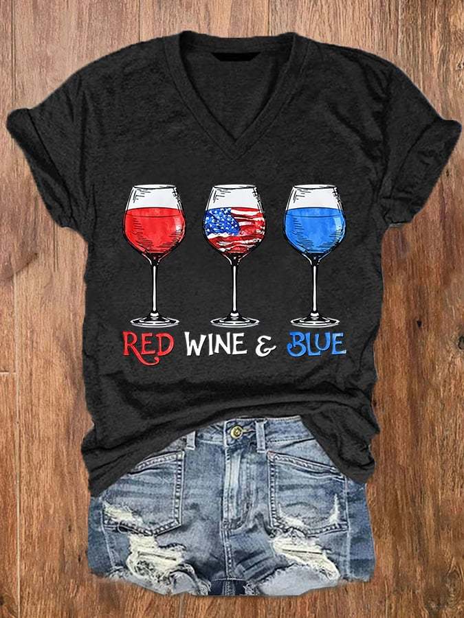 Women's Red Wine Blue 4th Of July Casual V-Neck Tee