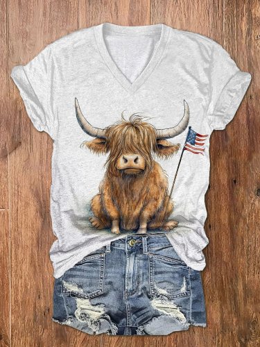 Women's 4th of July Highland Cow Print V-Neck Casual T-Shirt