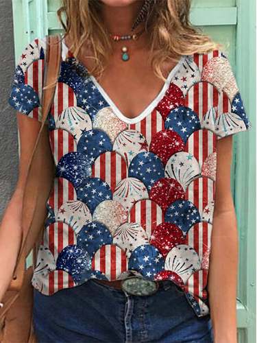 Women's American Flag Fireworks Print Casual V-Neck T-Shirt