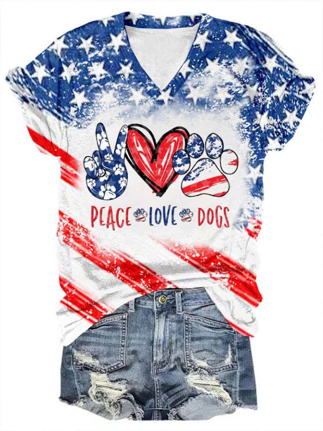 Women's Independence Day Peace Love Dog Paw Print V Neck Casual T-Shirt