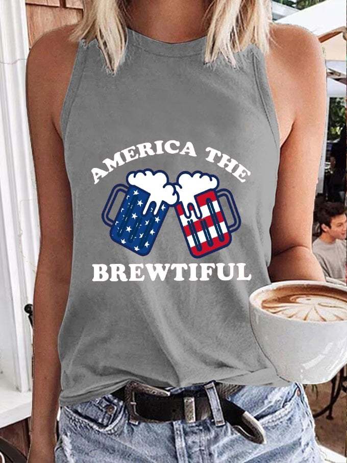 Women's Independence Day America The Brewtiful Flag Print Tank Top