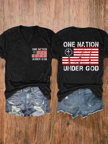 V-neck One Nation Under God Flag Print T-Shirt