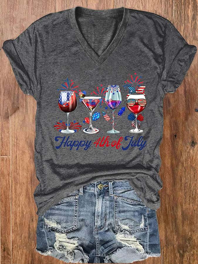 Women's Happy 4th Of July Wine Glass Flag Print V-Neck Basic T-Shirt