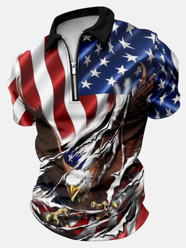 Men's Independence Day Eagle Patriotic Flag Print  Zipper Casual Short Sleeve Polo Top
