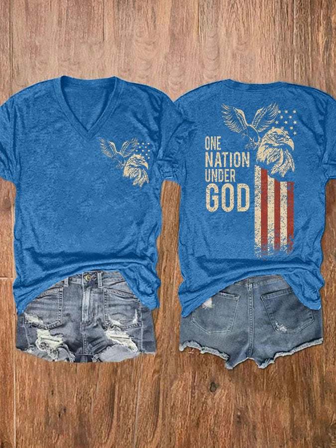 V-neck Eagle Retro One Nation Under God Flag Print T-Shirt