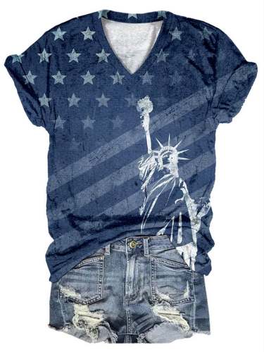 Women's Indie Liberty Flag Print V-Neck Casual T-Shirt