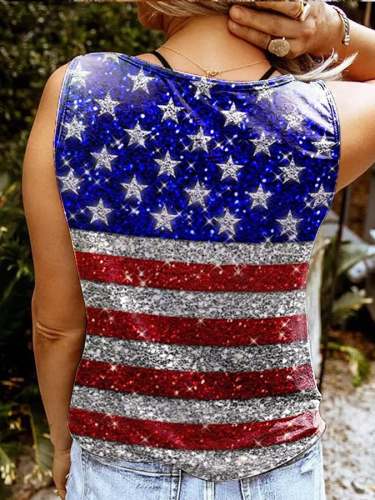 Women's Shiny America Flag Print 4th Of July Independence Day Sleeveless Top
