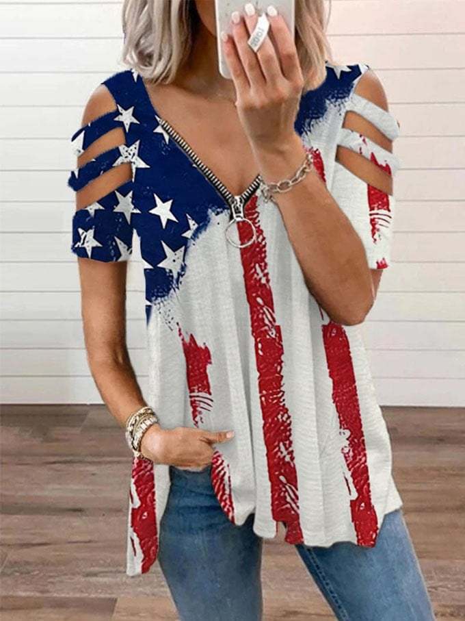 Women's Independence Day Flag Print V Neck Zip Top