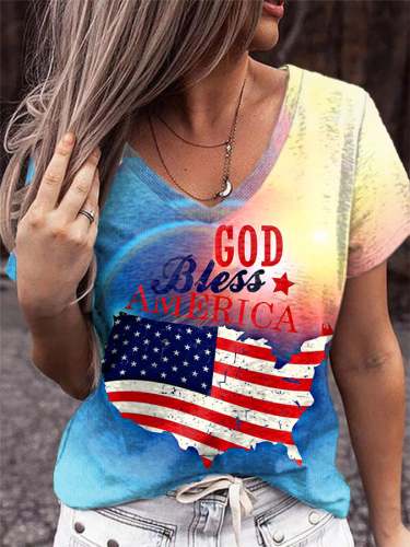 Vintage Flag Print V-Neck T-Shirt