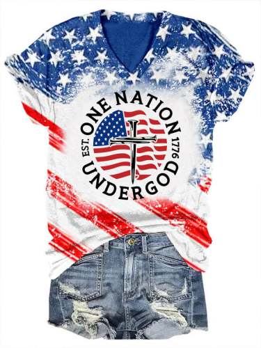 Women's Independence Day One Nation Under God Print V-Neck Casual T-Shirt
