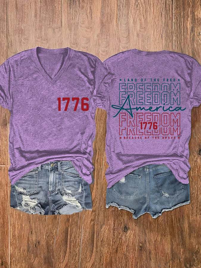 Women's 'America Land Of The Free Because Of The Brave' Print V-Neck T-Shirt