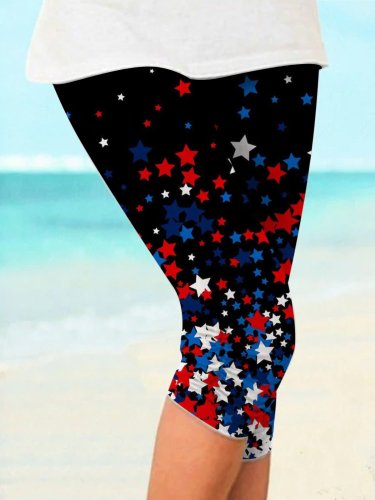Women's Red Blue Stars Print Cropped Leggings