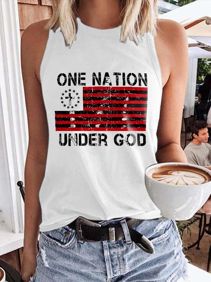 Vintage One Nation Under God Flag Print Tank Top