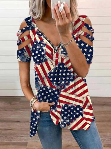 Women's Independence Day American Flag Print Zipper V-Neck T-Shirt