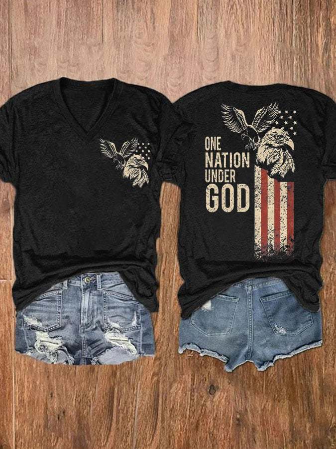 V-neck Eagle Retro One Nation Under God Flag Print T-Shirt