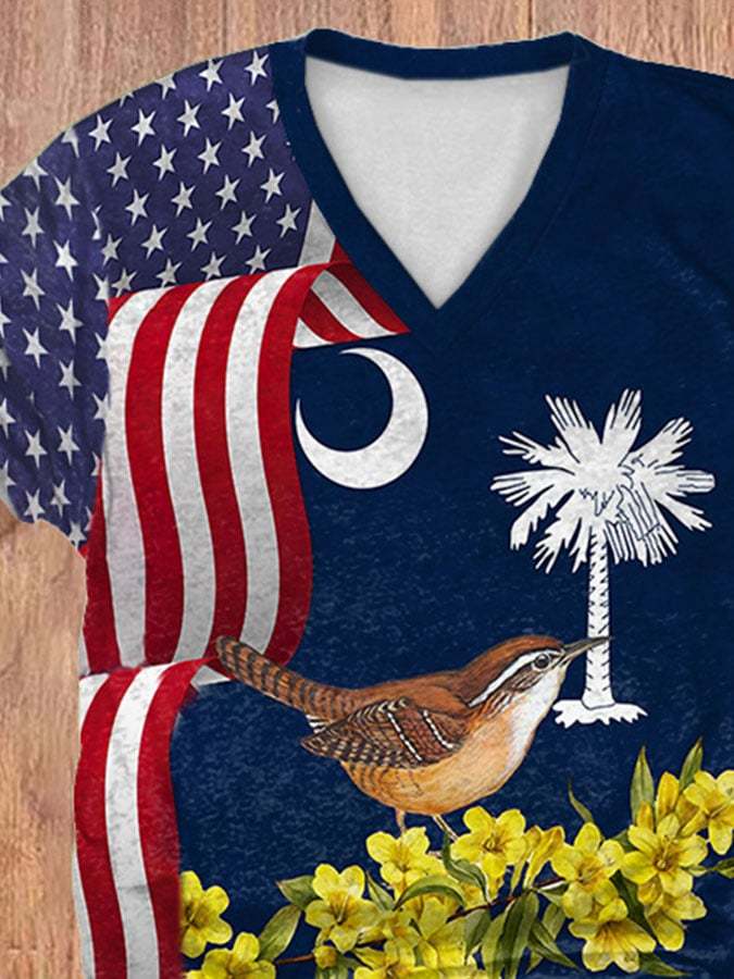 V-Neck Retro South Carolina Yellow Jessamine Flower And Carolina Wren Bird Print T-Shirt