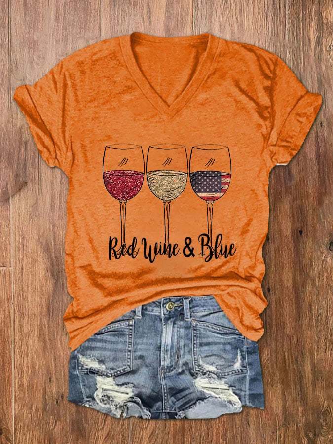Women's Red Wine Blue Red Wine Glass Flag Print V-Neck Basic T-Shirt