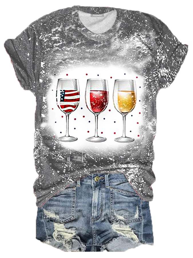 Women's Red Wine Blue Bleach Print 4th Of July Independence Day Tee
