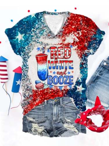 Women's Independence Day Red White And Booze Flag Print Tie Dye V-Neck T-Shirt
