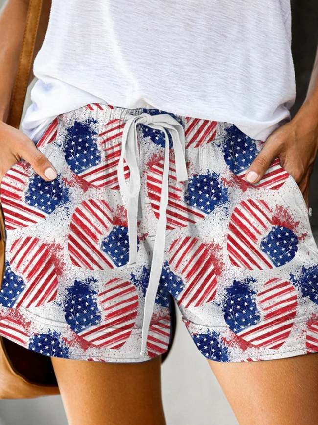 Women's Heart American Flag Print Casual Fashion Lace Up Shorts